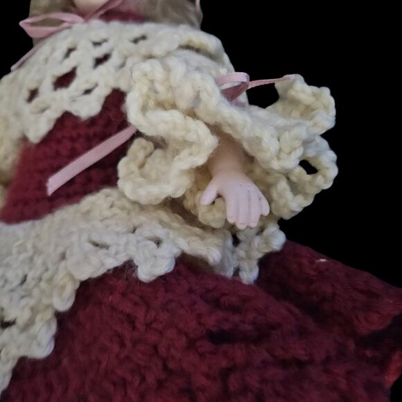 Wang’s International 1991 Porcelain Doll in Handmade Red & Cream Crochet Dress - Picture 3 of 8